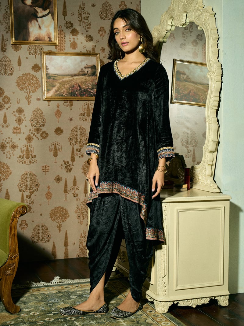 Black Velvet High-Low V-Neck Kurta Set with Dhoti Bottom
