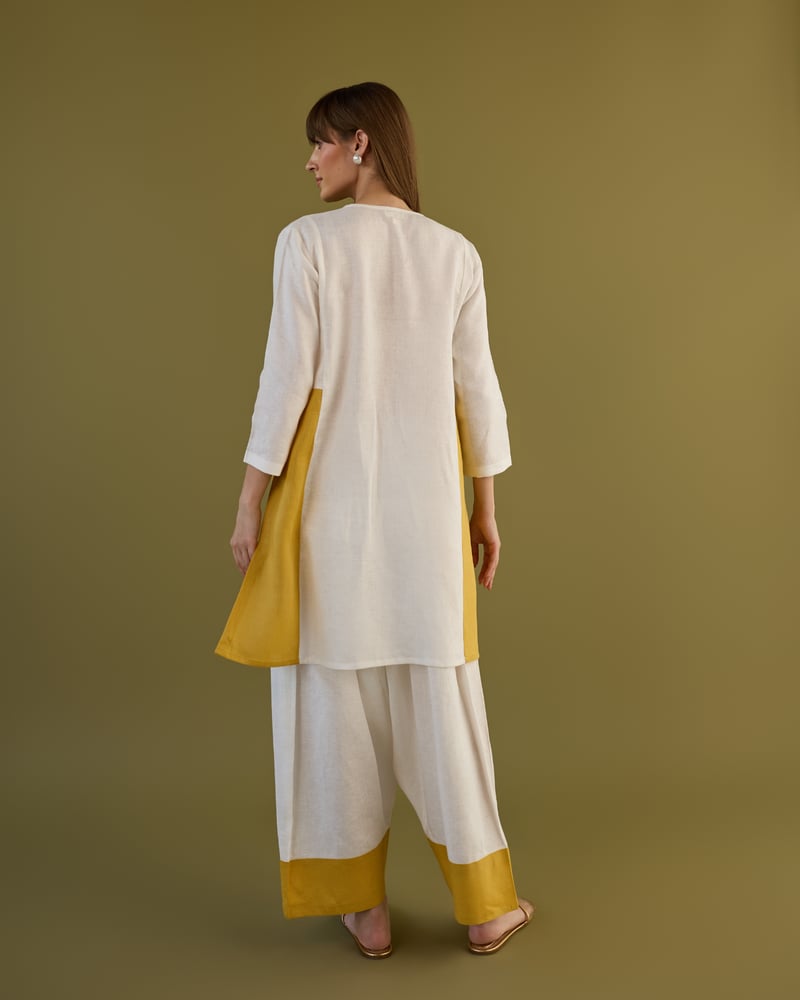 White and Ochre Linen Tunic and Farshi Pants Co-ord Set