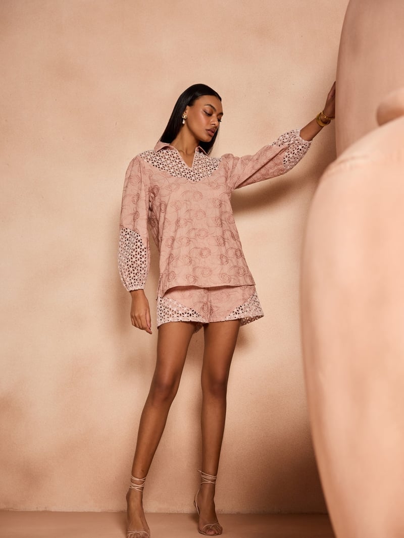 Peach Cotton Schiffli Cutwork Hem High-Rise Shorts