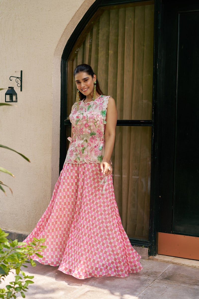 Ivory and Pink Printed Bib Top and Maxi Skirt Co-ord Set