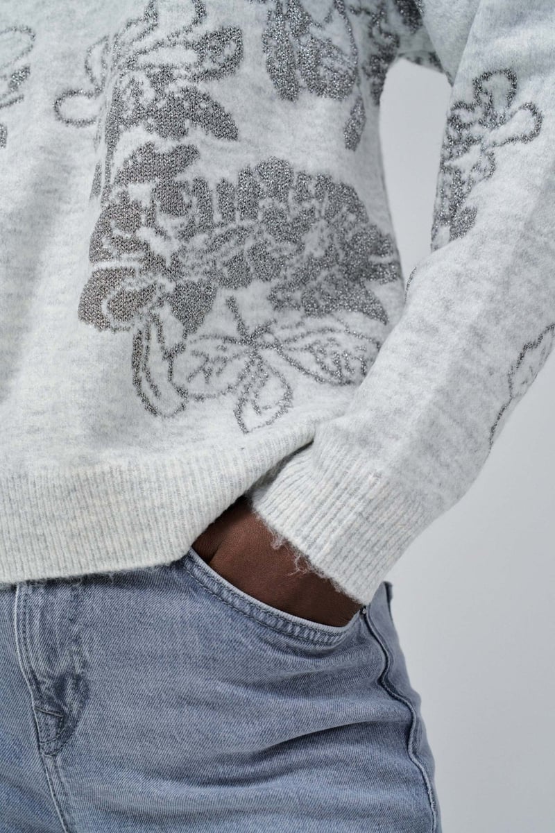 Medium Grey Floral Jacquard Jumper with Subtle Shimmer