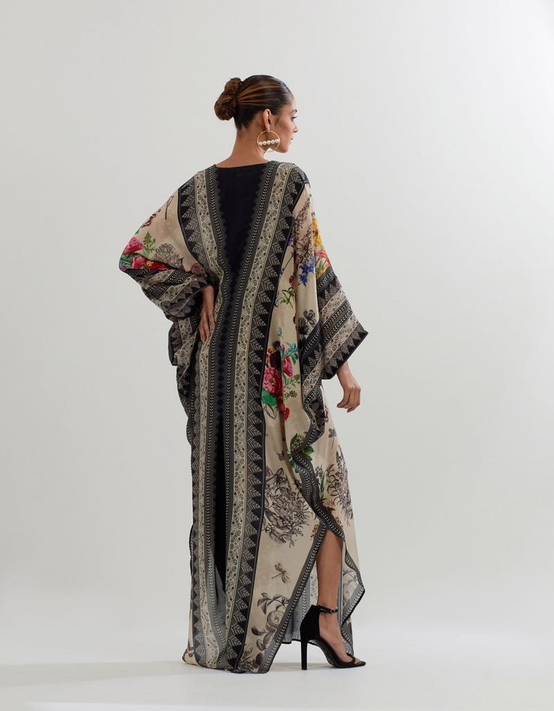 Beige Botanical Print Modal Silk Maxi Kaftan