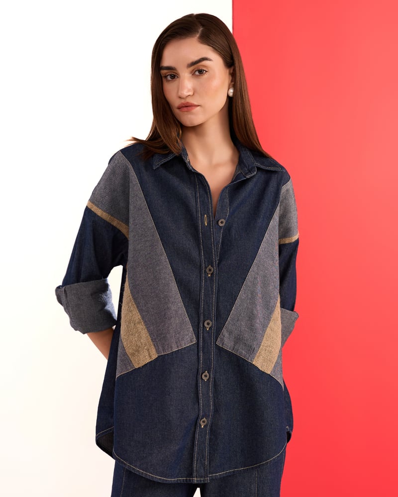 Denim and Beige Colorblocked Relaxed-Fit Shirt
