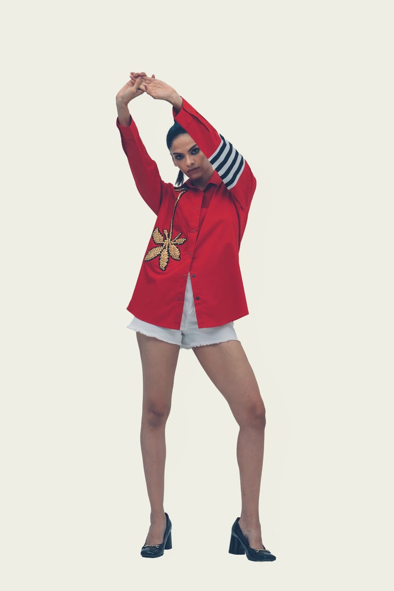 Red Cotton Shirt with Embroidery