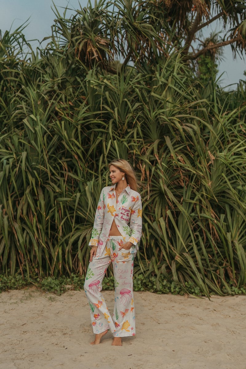 White Printed Linen Bootcut Trousers with Drawstring Waist
