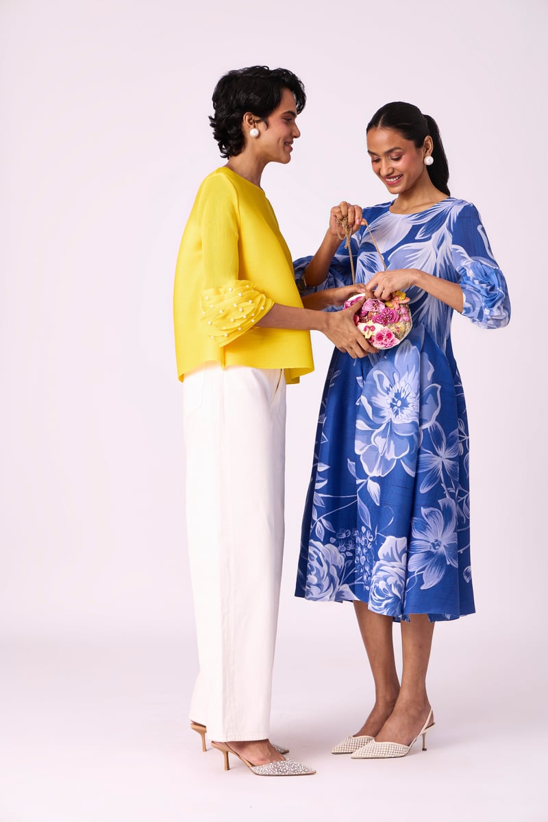 Blue Floral Pleated Fit and Flare Midi Dress