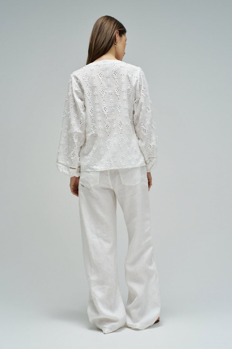 White Cutwork Embroidered V-Neck Blouse with Puff Sleeves
