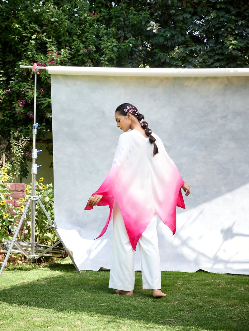 White/Pink Ombre Draped Cape Top with 3D Floral Neck