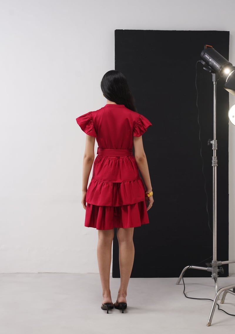 Cherry Red Tiered Mini Dress with Ruffle Sleeves