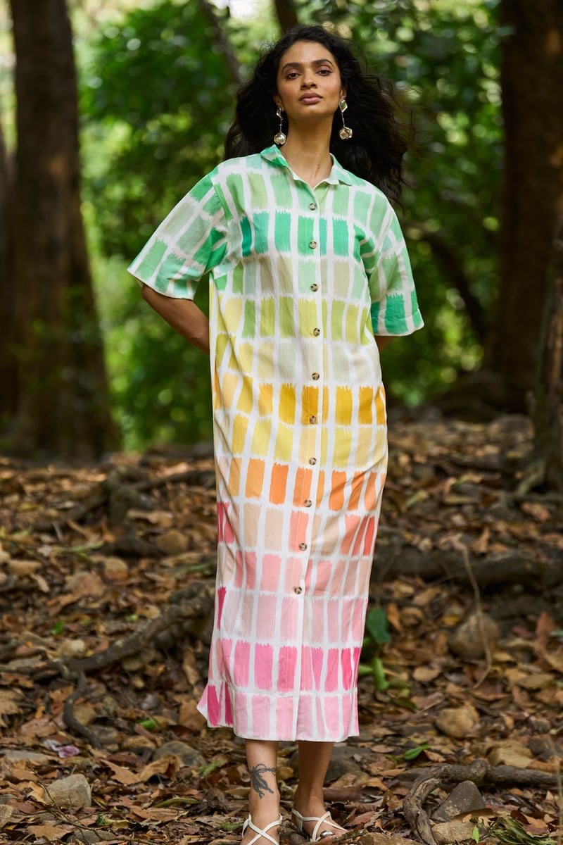 Multicolor Printed Midi Shirt Dress with Button-Down Front