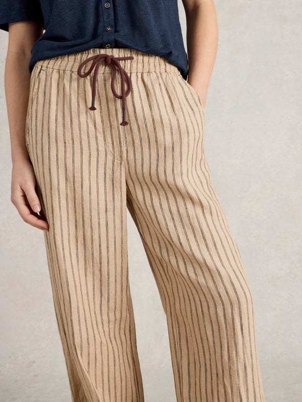 Natural Multi Linen Pinstripe Wide-Leg Trousers