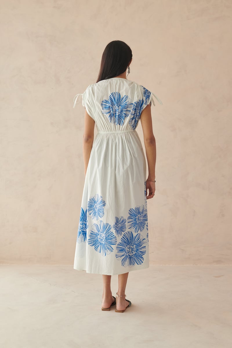 White Cotton Fit and Flare Midi Dress with Blue Floral Print