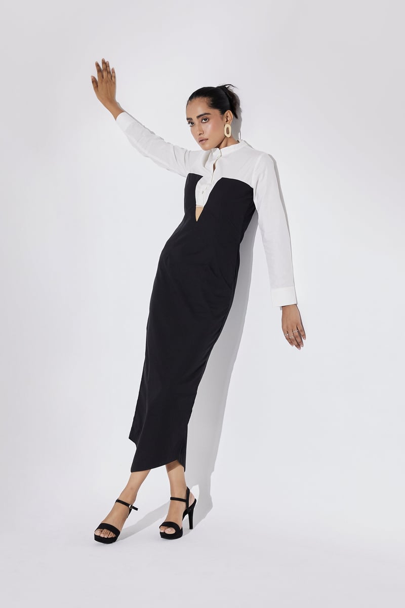 Black and White Colorblock Mandarin Collar Midi Dress — AAMILI