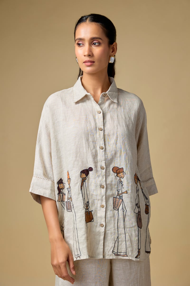 Beige Linen Relaxed-Fit Shirt with Illustrated Hem Detail
