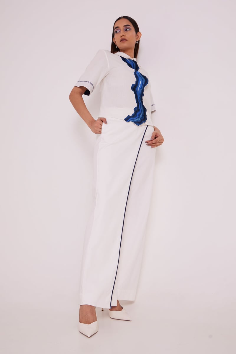 Ivory Shirt and Wide-Leg Pants Co-ord Set with Blue Appliqué