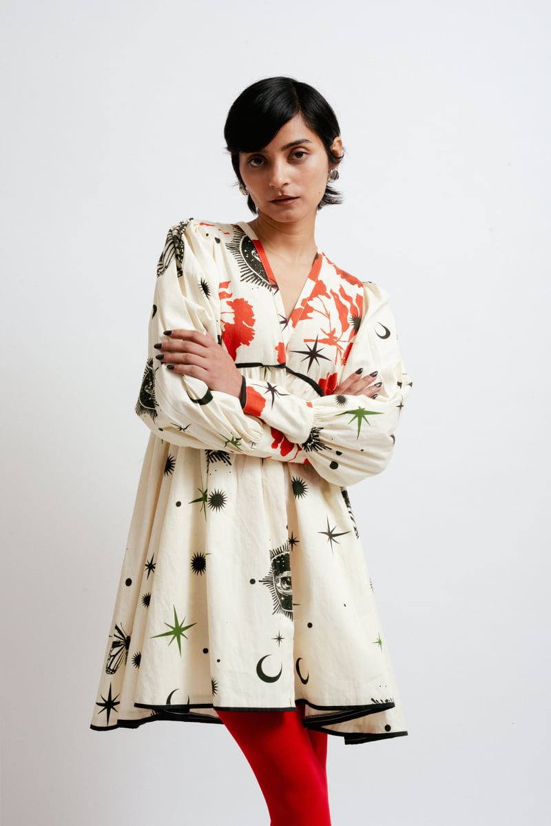 White/Red Celestial Print Smock Mini Dress