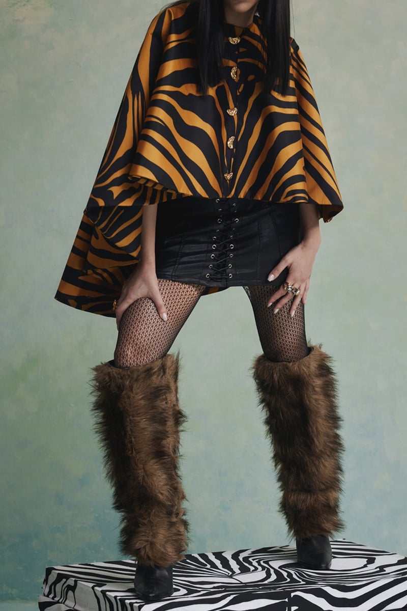 Black/Yellow Tiger Print High-Low Cape Jacket
