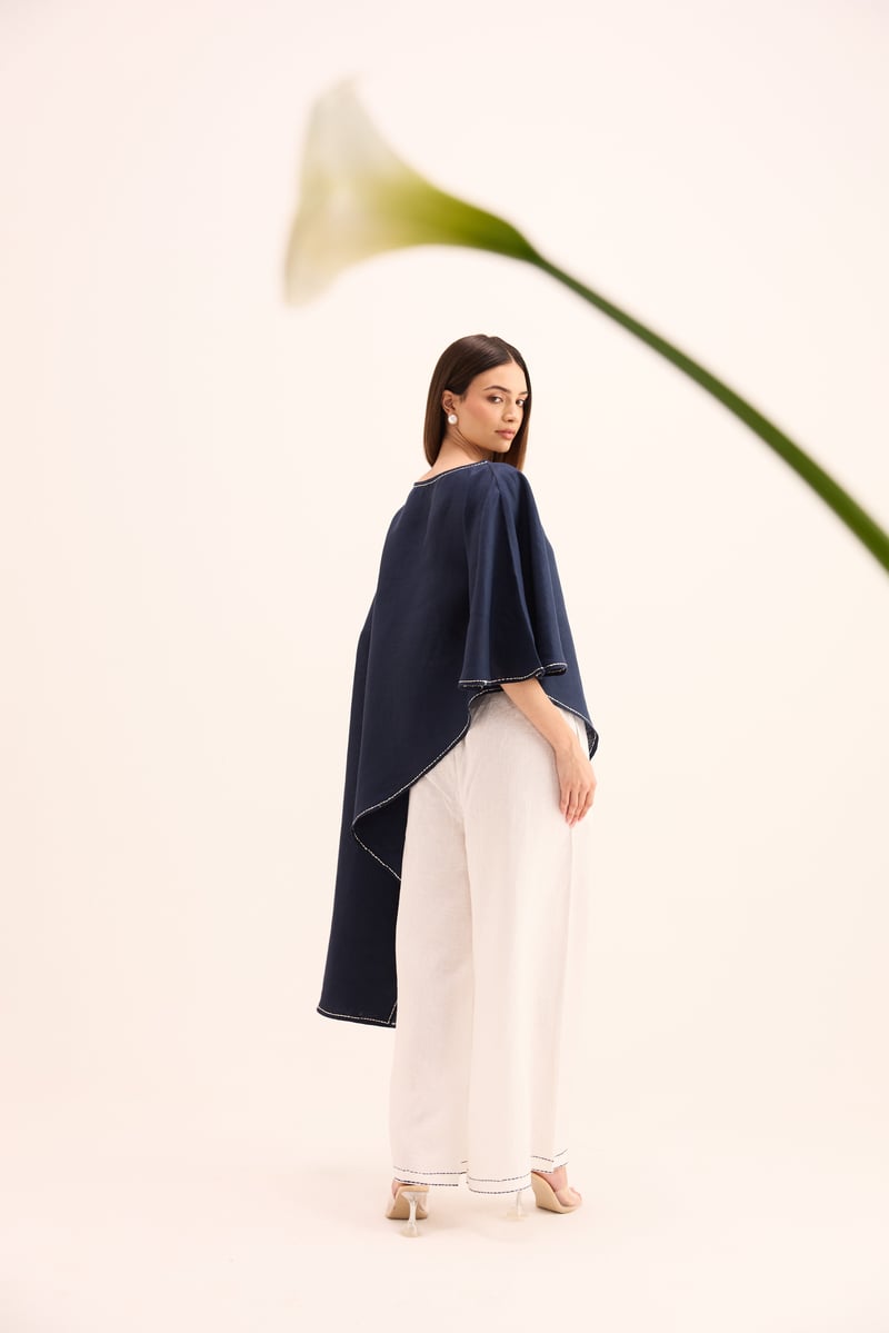Blue Cape Top and White Linen Pants Co-ord Set