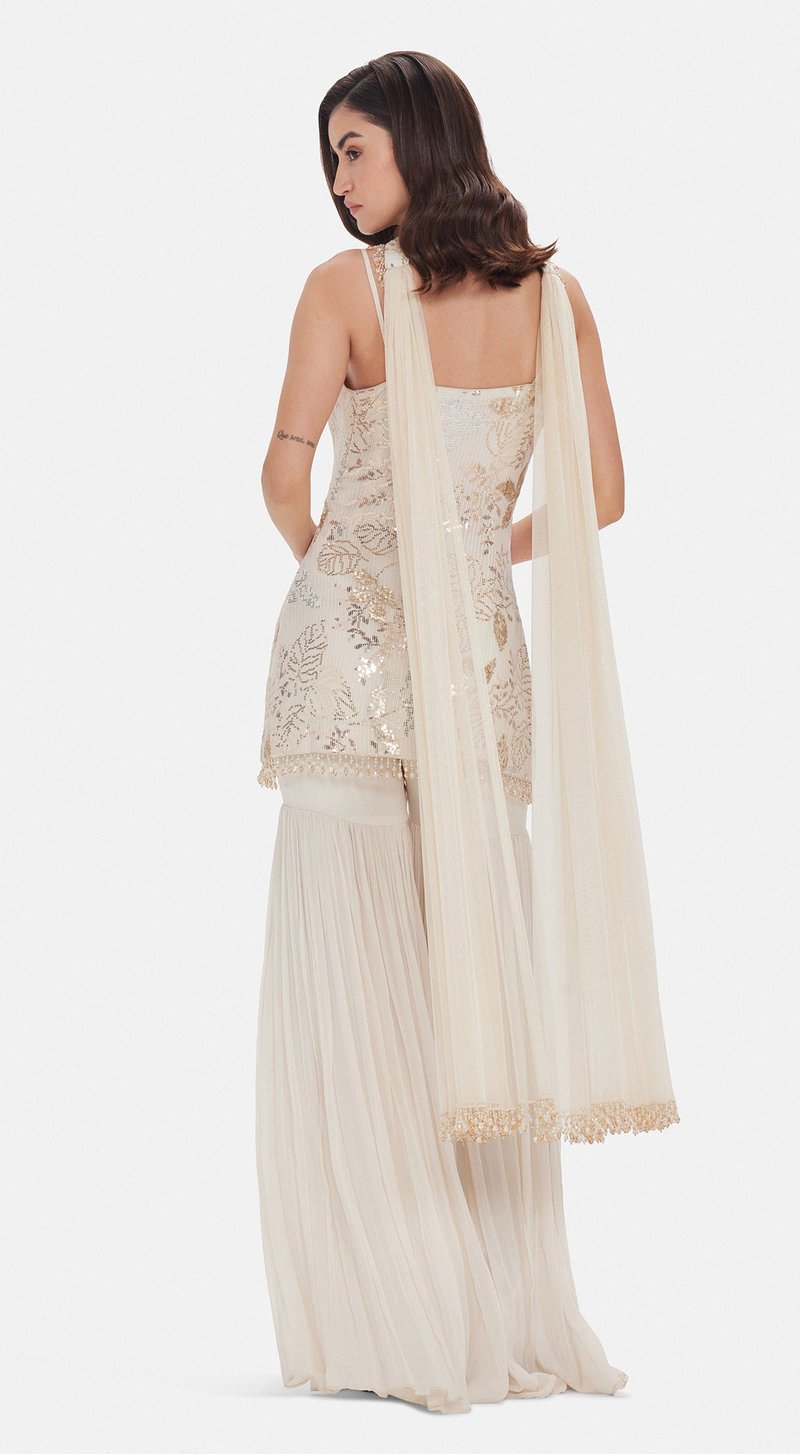 Ivory Georgette Sequin Sharara Kurta Set with Dupatta