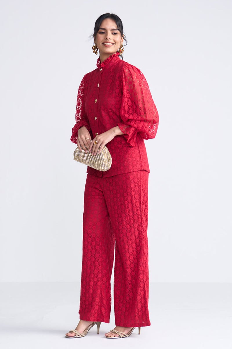 Red Lace Button-Front Co-ord Set with Flared Pants