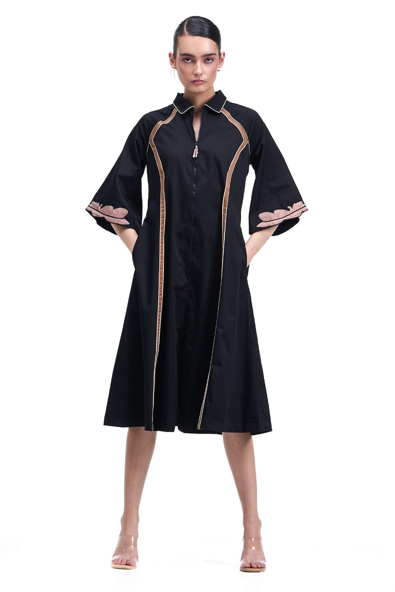 Black Cotton Satin Zip-Front Fit and Flare Midi Dress