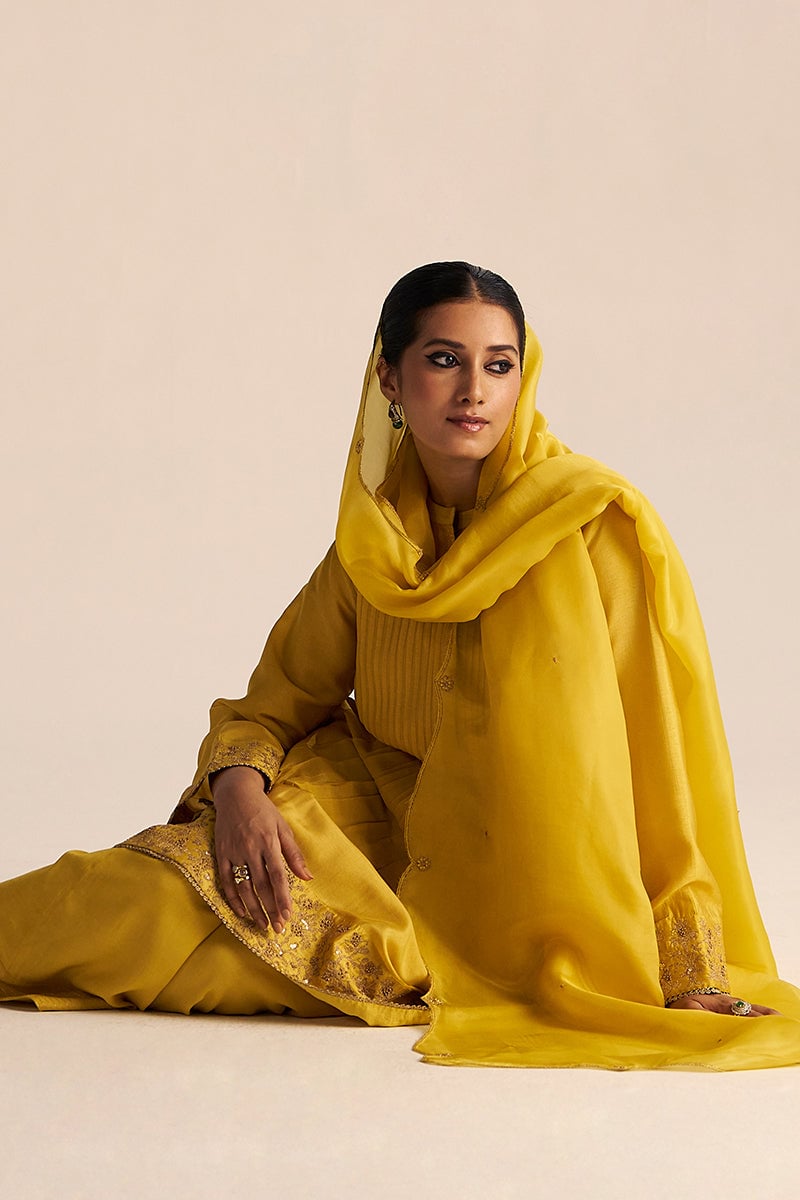 Bamboo Yellow A-Line Kurta Set with Zari Border