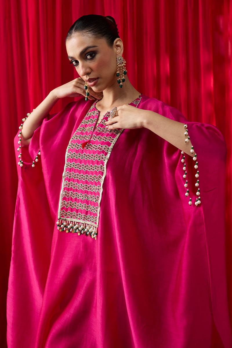 Hot Pink Silk Chanderi Embroidered Kaftan Set