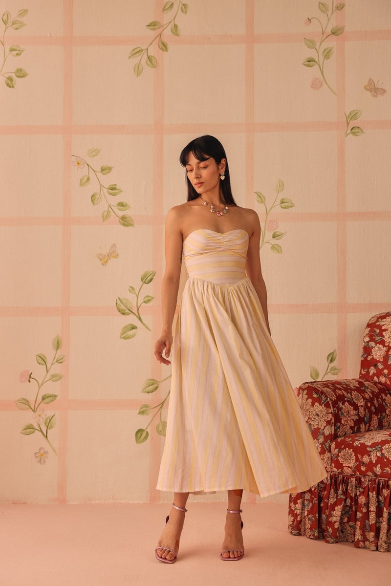 White and Yellow Striped Strapless Fit and Flare Midi Dress