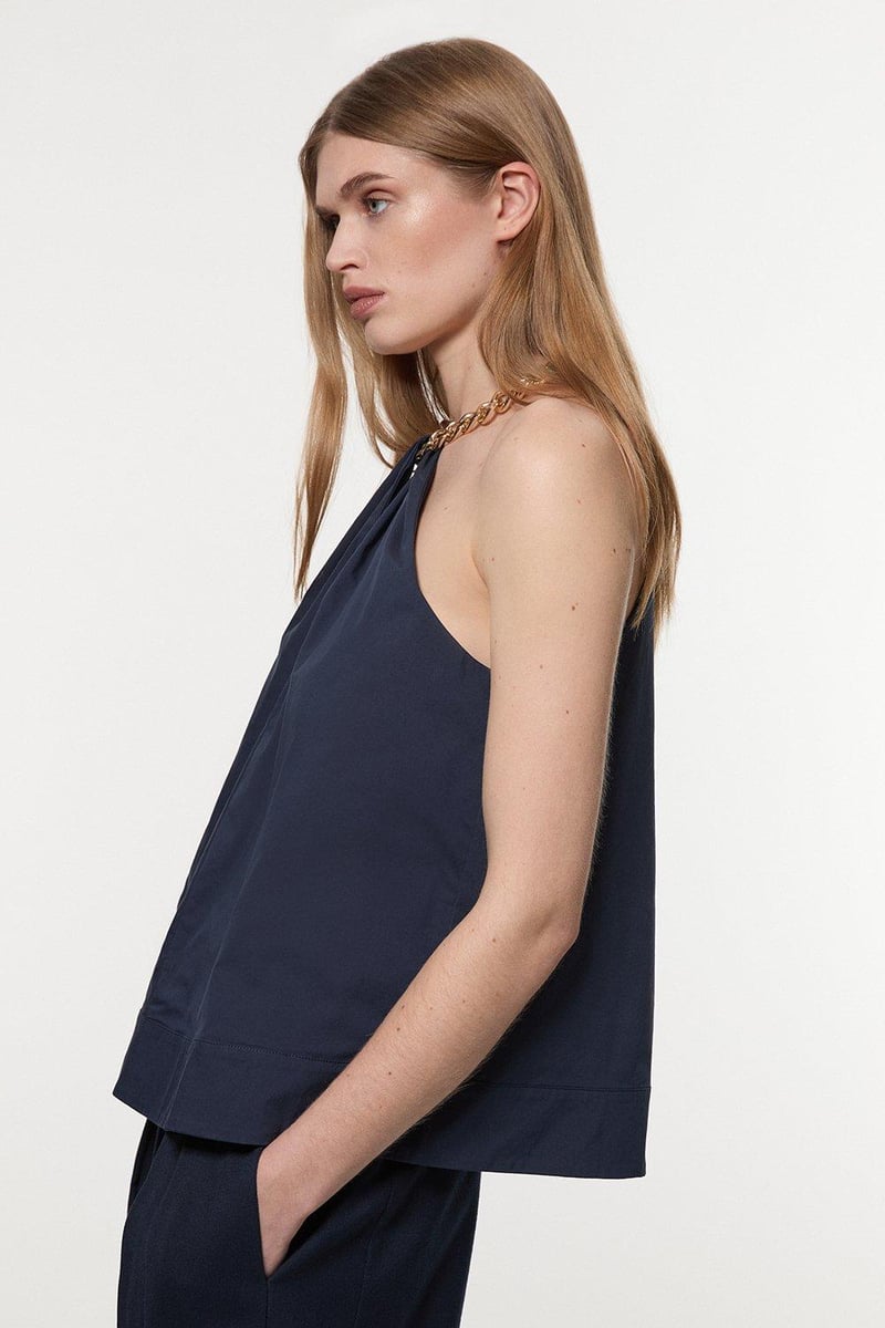 Navy Cotton Poplin Chain Halter Neck Top