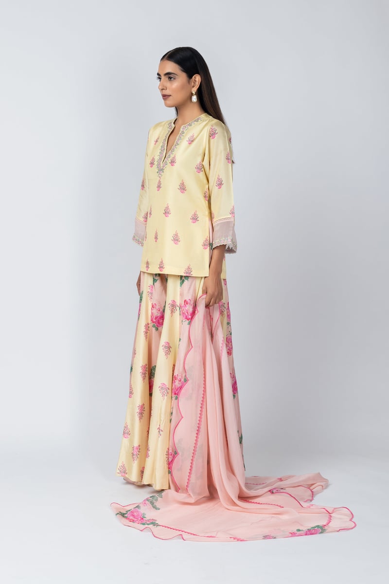 Yellow Floral Silk Kurta Sharara Set with Organza Dupatta
