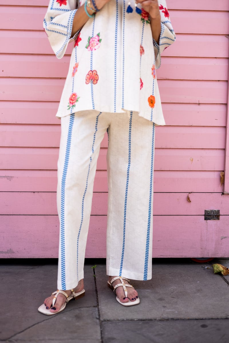 Cream Floral Printed Linen-Cotton Co-ord Set