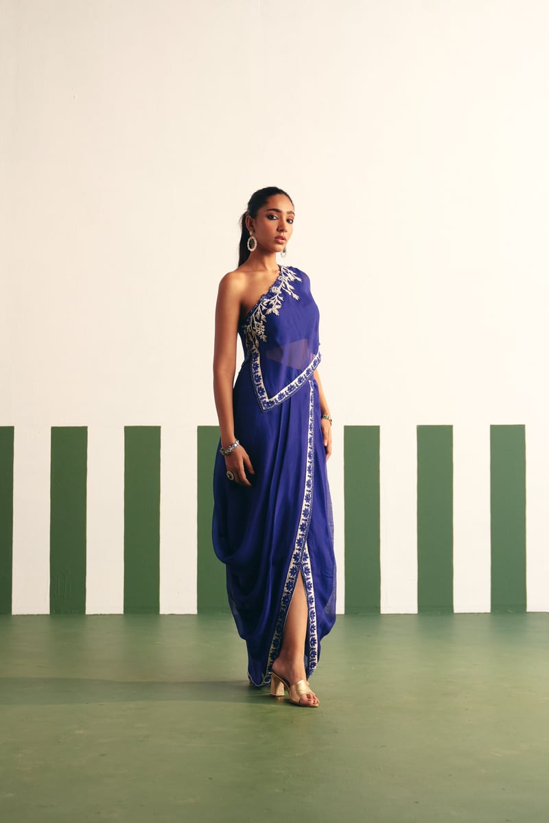 Ink Blue One-Shoulder Embroidered Kaftan Set