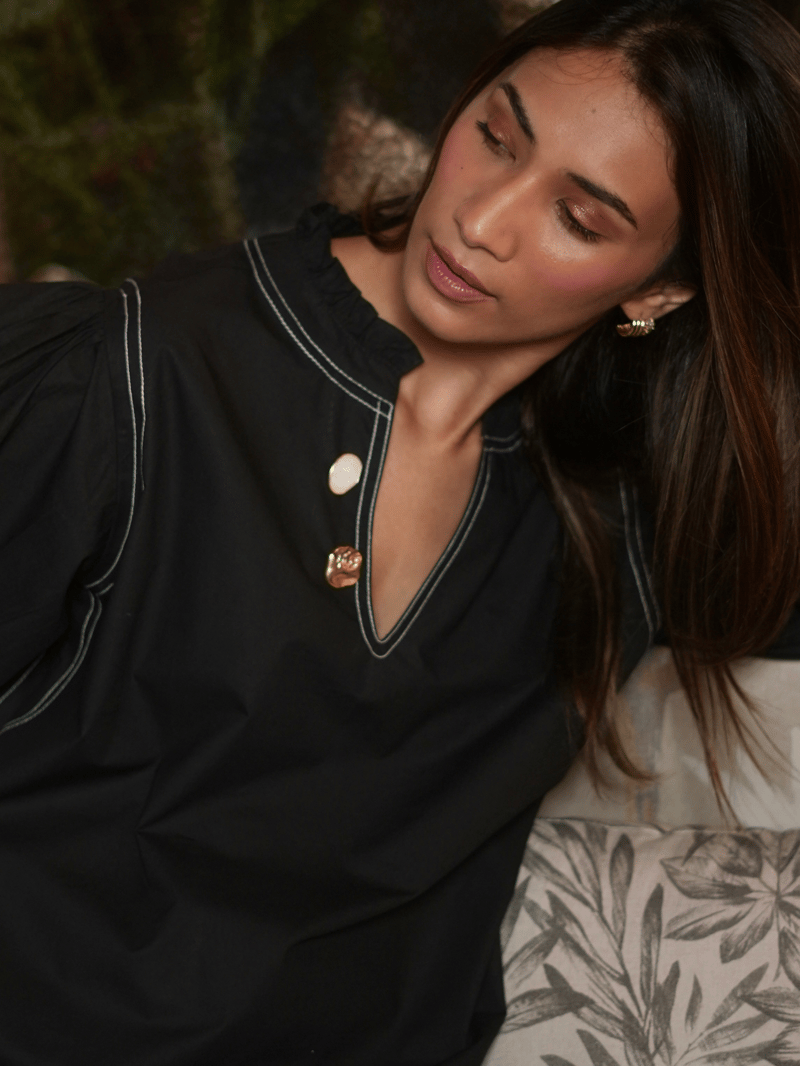 Charcoal Cotton Poplin Puff Sleeve Top with Button Detail