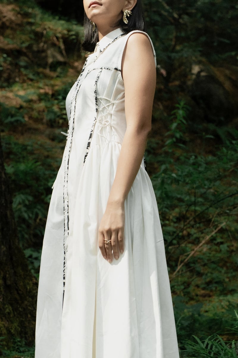 White Midi Shirt Dress with Contrast Piping and Side Tie