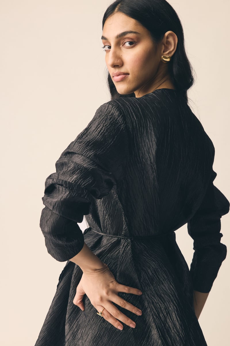 Black Crinkled Organza Wrap Top and Midi Skirt Co-ord Set