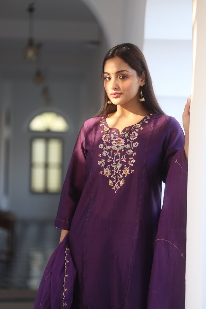 Purple Embroidered Chanderi Straight Kurta Set with Dupatta
