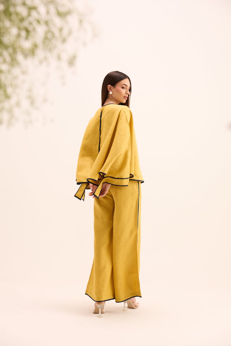 Ochre Linen Cape Top and Wide-Leg Pants Co-ord Set