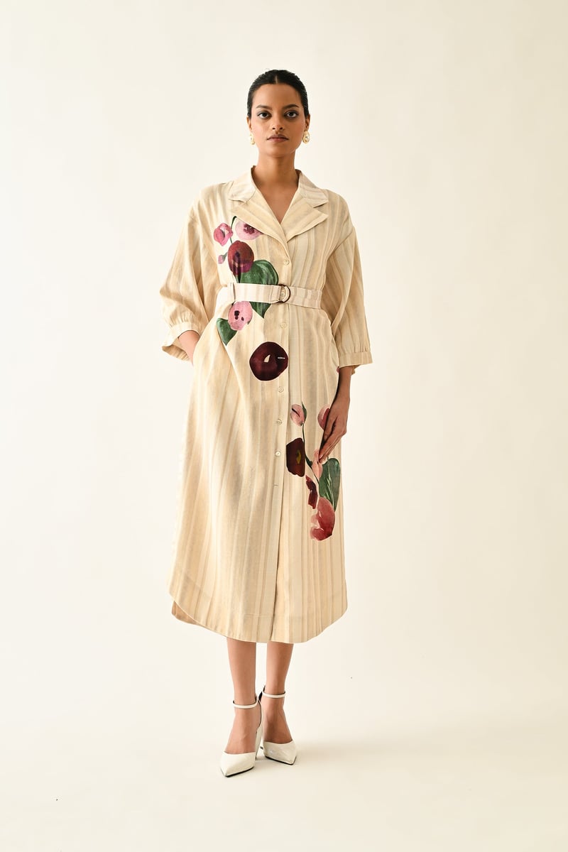 Off White Abstract Print Belted Midi Trench Shirt Dress