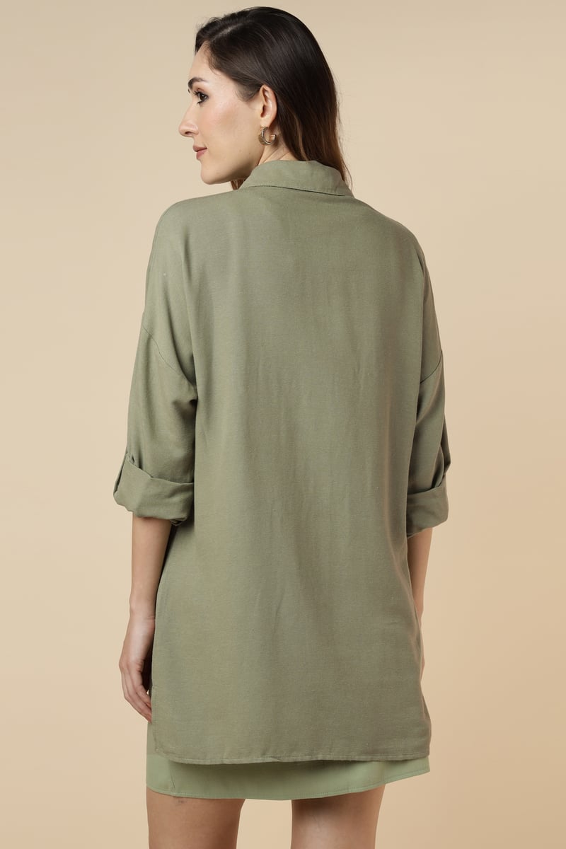 Green Longline Shirt with Sequin Foliage Motif