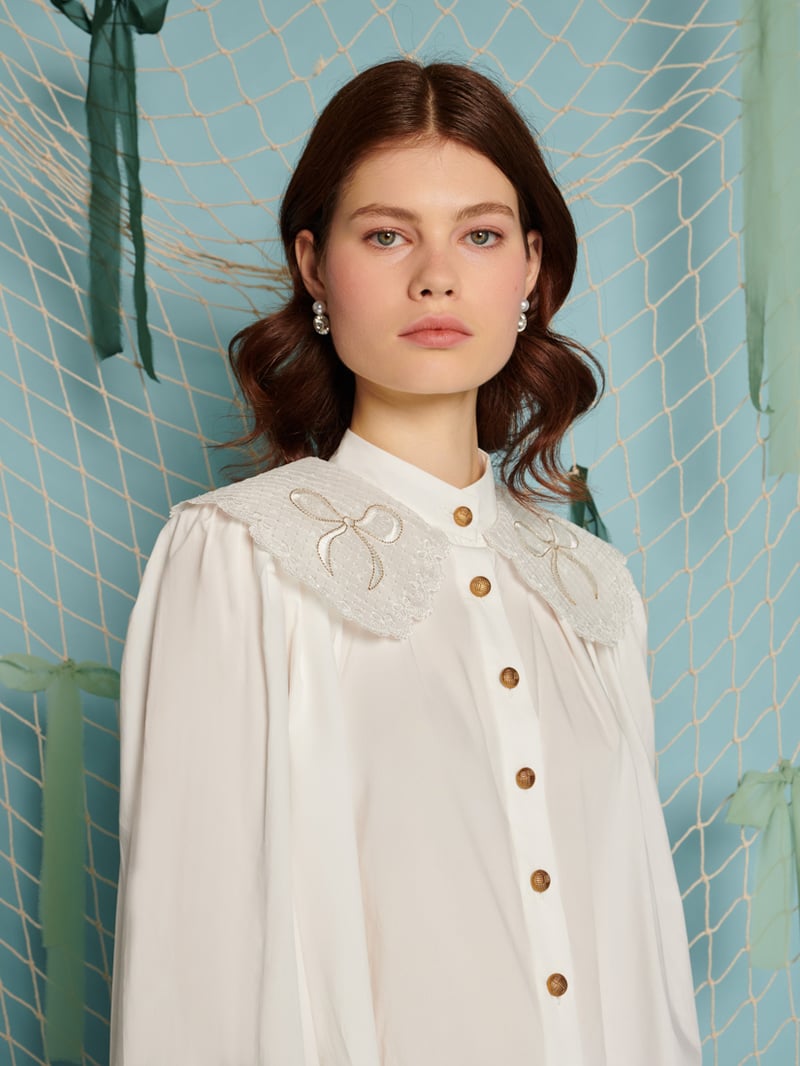 White Lace Collar Button-Down Shirt