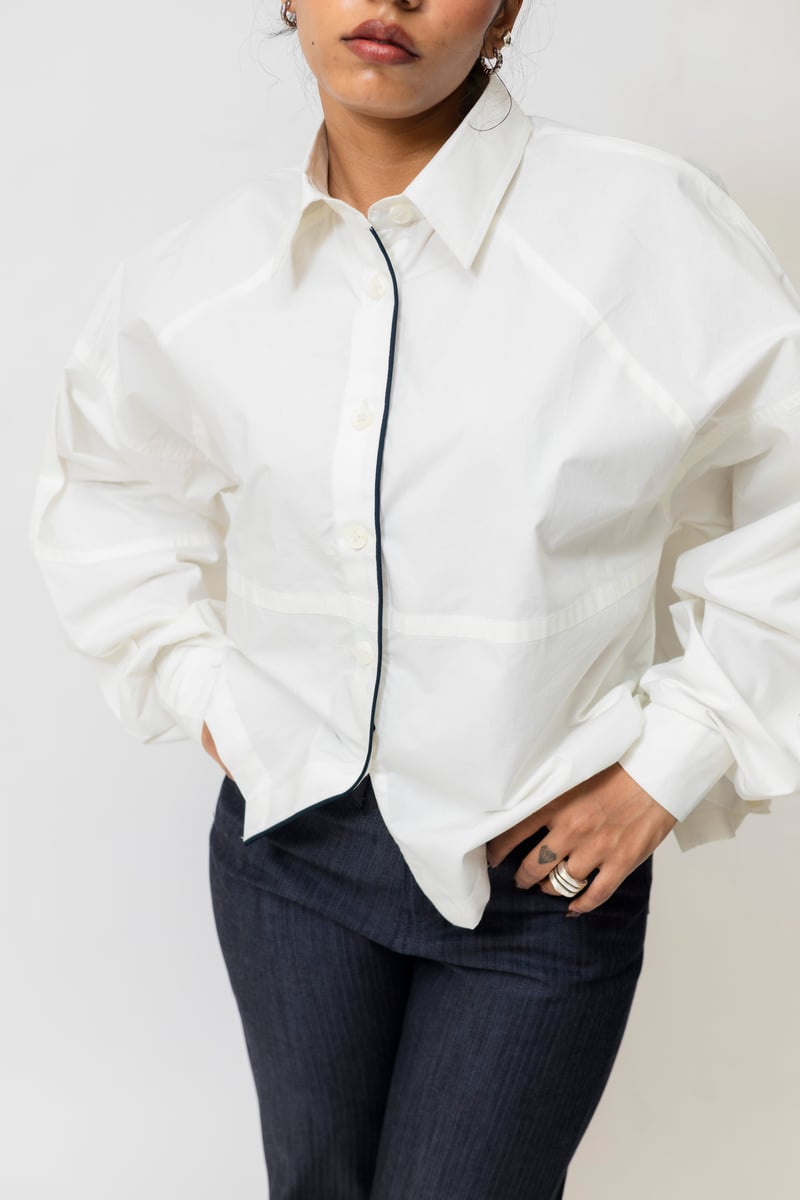 White Oversized Cotton Shirt with Contrast Piping