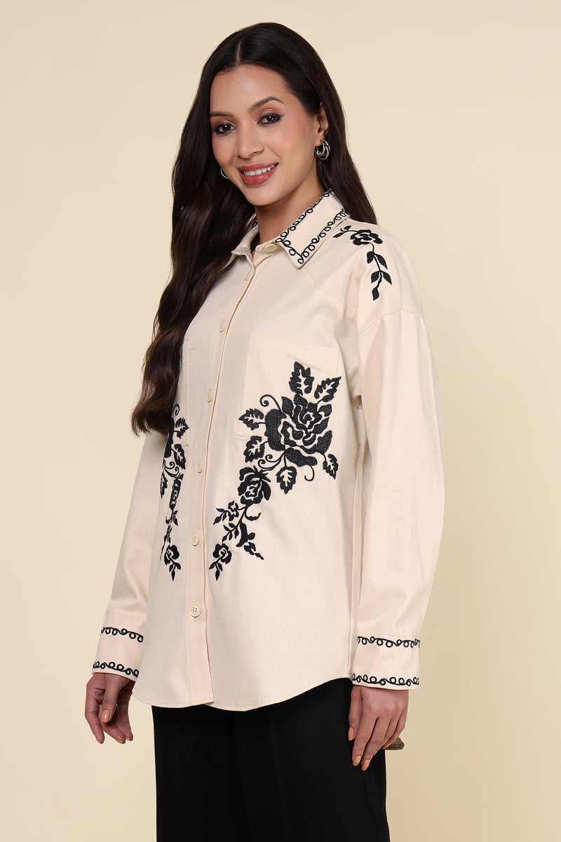 Natural Ivory Button-Down Shirt with Black Floral Motifs