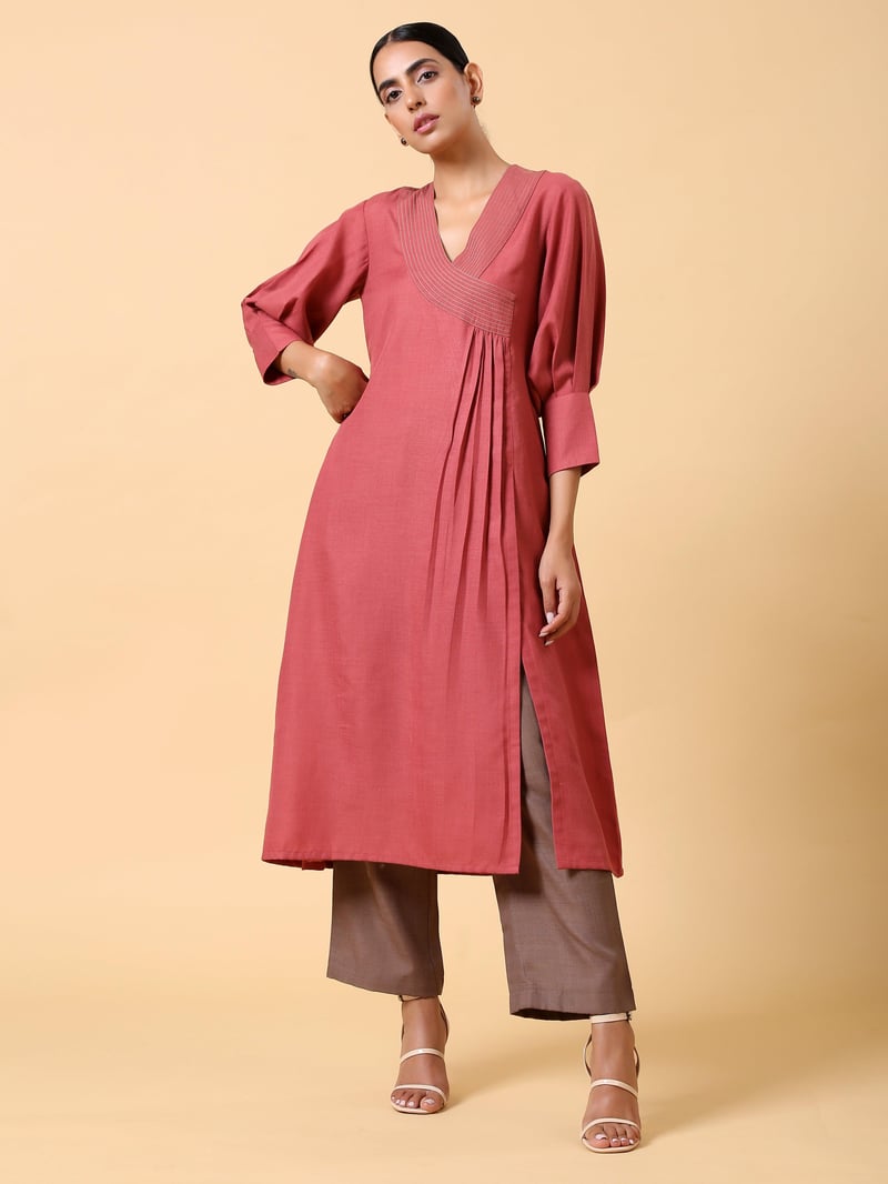 Rust Red Cotton Linen Straight Kurta Pant Set