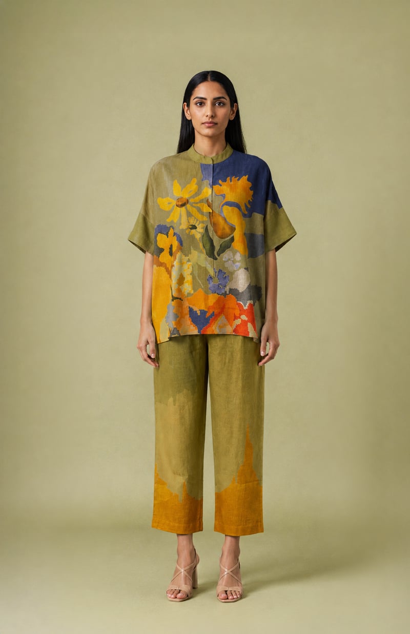 Mustard Printed Shirt and Wide-Leg Pants Co-ord Set — CLOS