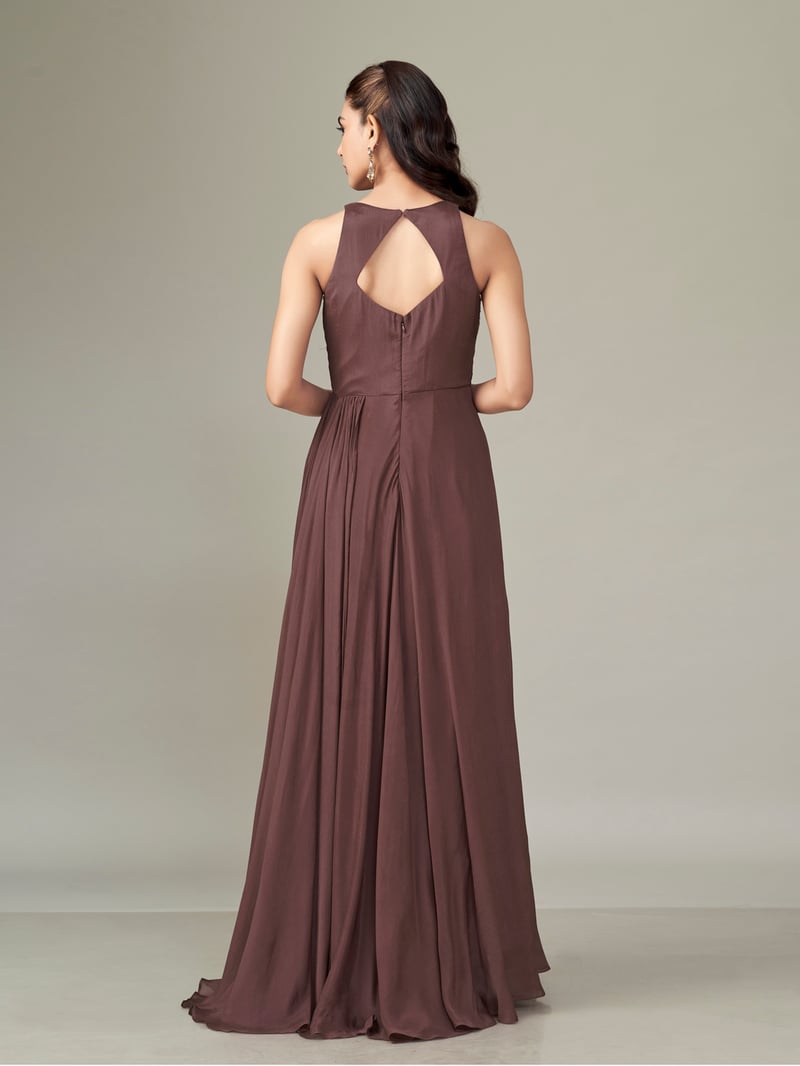 Dusty Rose Chiffon Halter-Neck Embroidered Maxi Gown