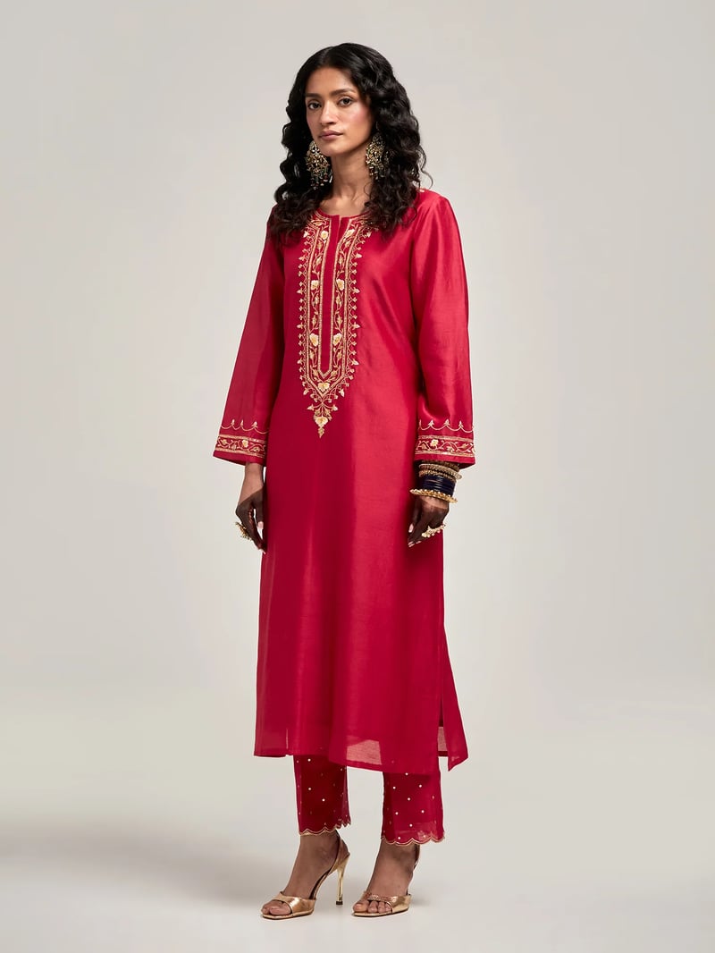 Red Silk Chanderi Embroidered Kurta Set with Pants