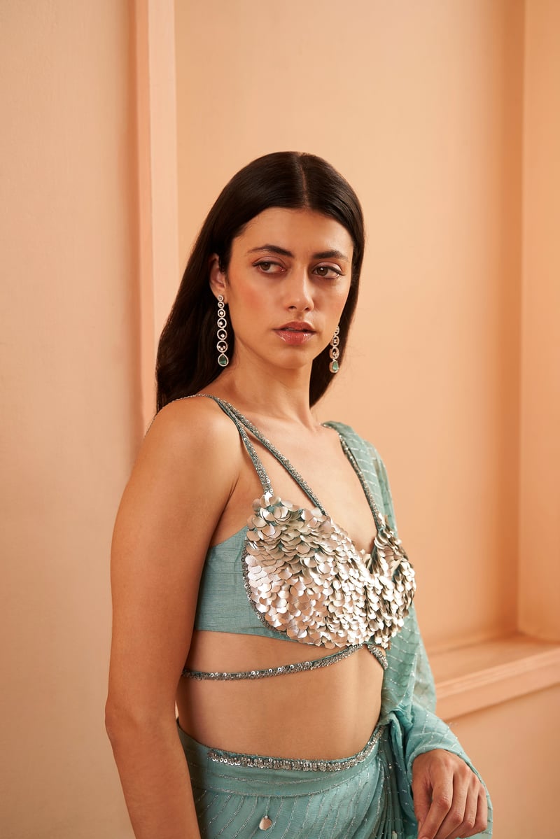May Blue Pre-Draped Saree Set with Sequin Blouse