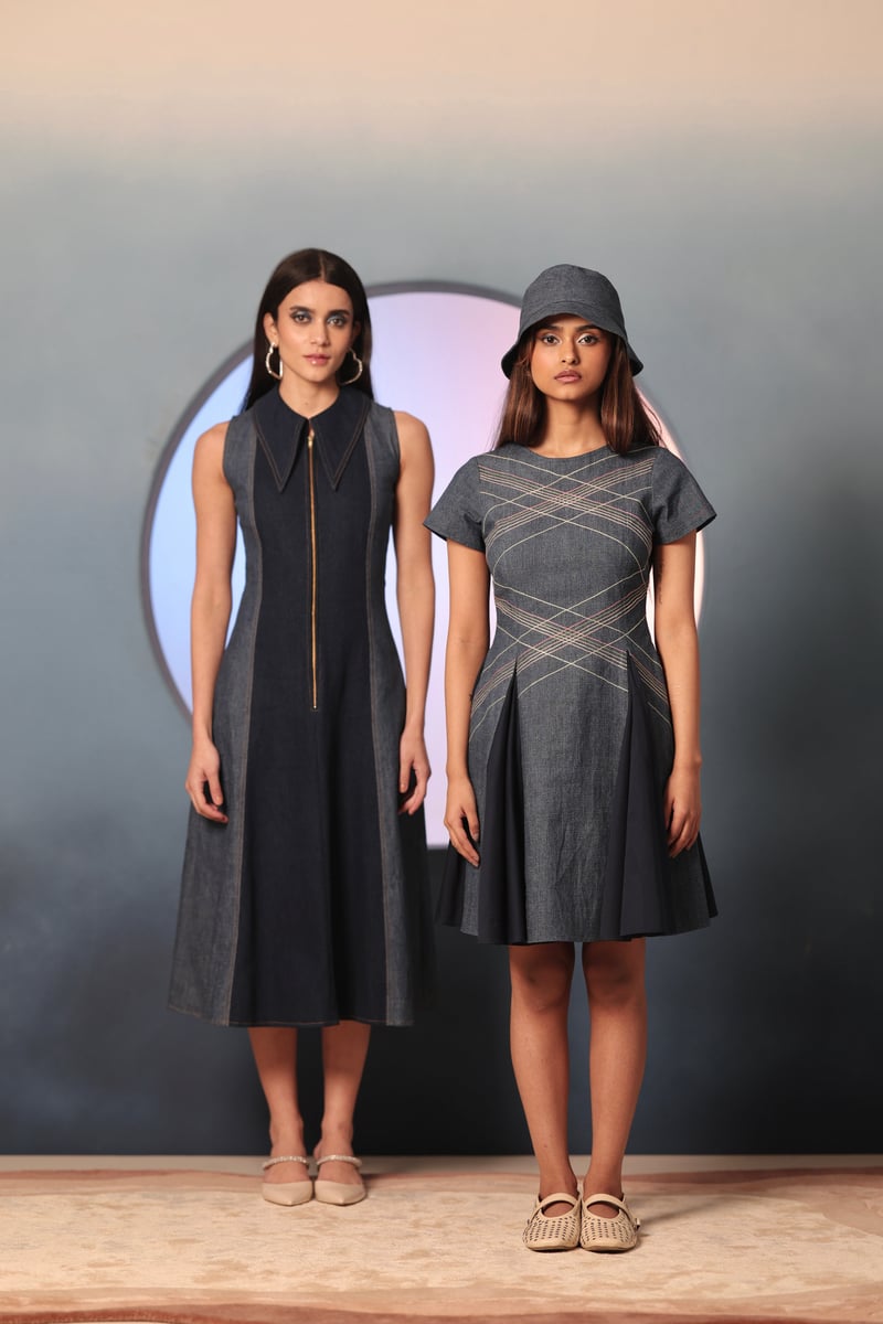 Two-Tone Blue Denim Zip-Front Midi Dress