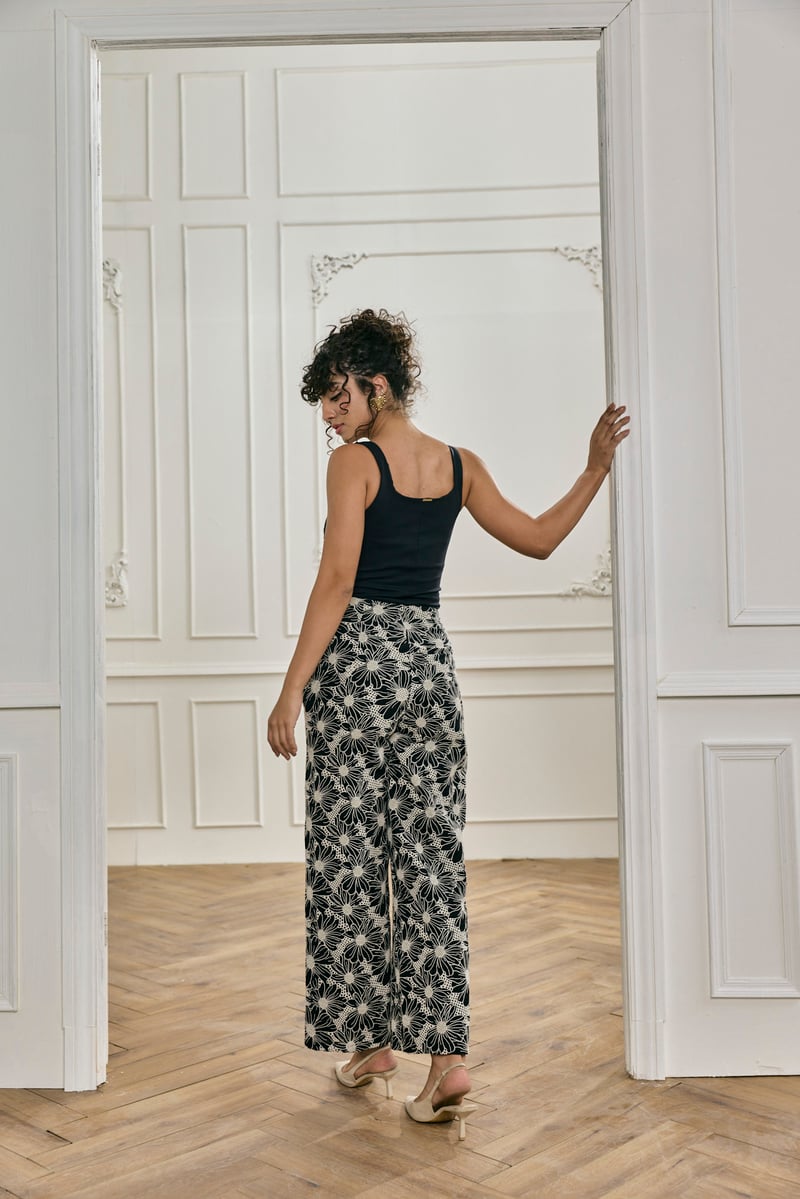 Black Schiffli Embroidered Wide-Leg Cotton Trousers