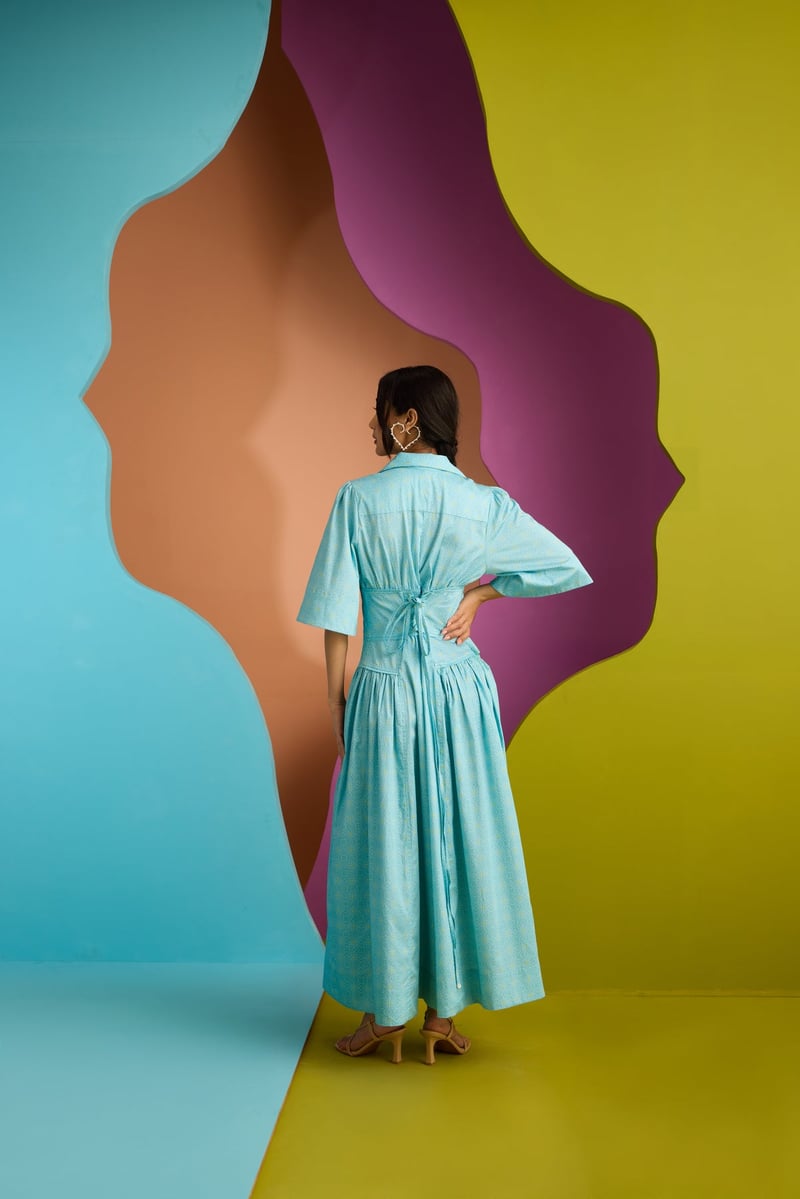 Pastel Blue Printed Fit and Flare Maxi Shirt Dress